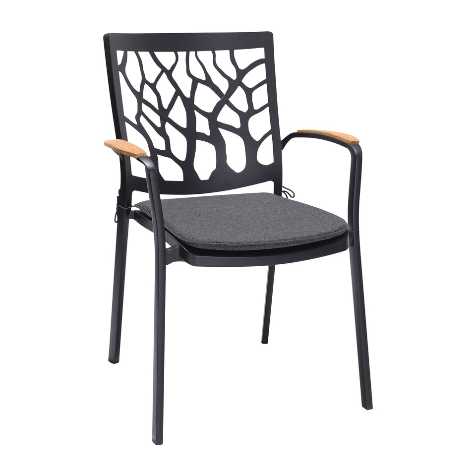 Portals Outdoor Patio Aluminum Chair in Black with Natural Teak Wood Accent-Set of 2