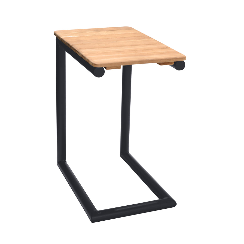 Portals Outdoor C-Shape Side Table in Black Finish and Natural Teak Wood Top