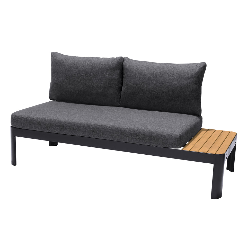 Portals Outdoor Sofa in Black Finish with Natural Teak Wood Accent and Grey Cushions