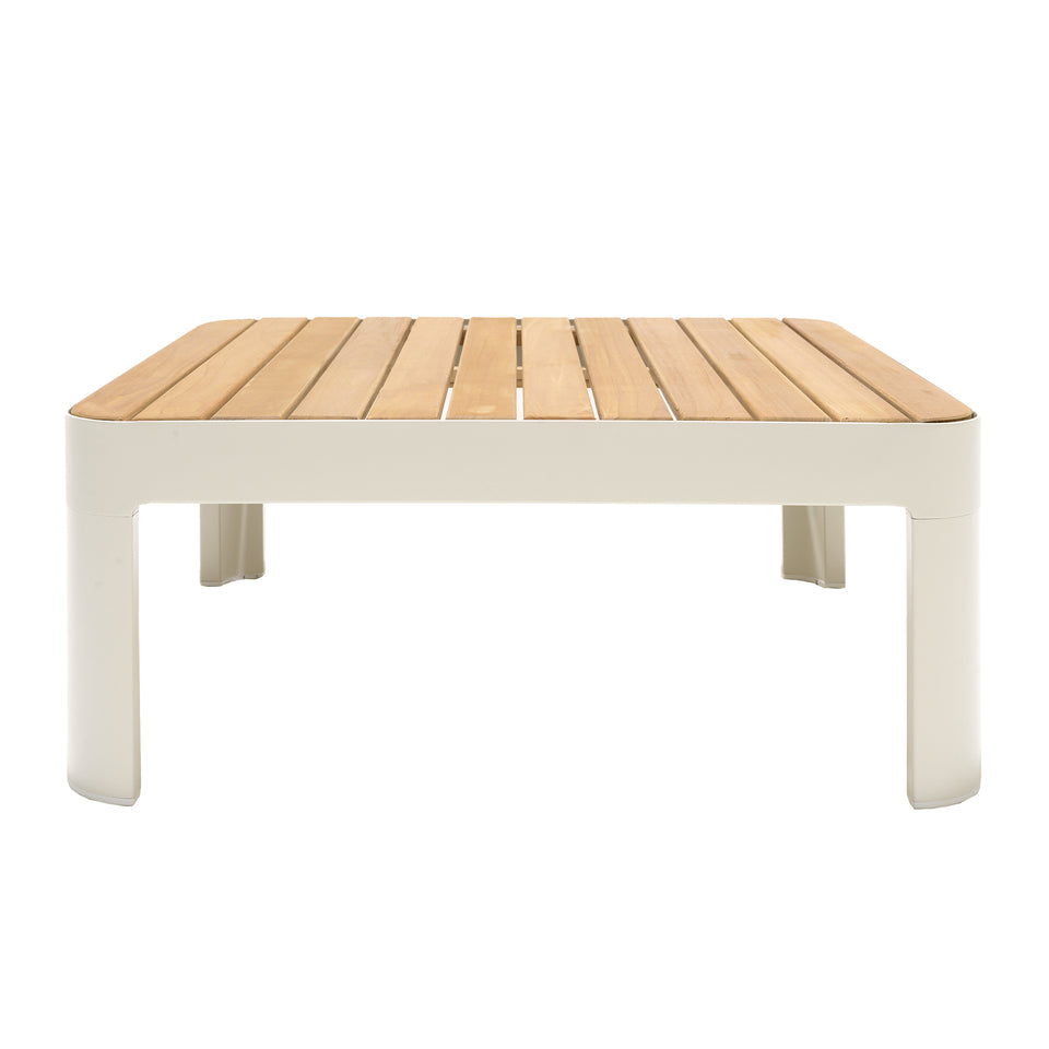 Portals Outdoor Square Coffee Table in Light Matte Sand Finish with Natural Teak Wood Top