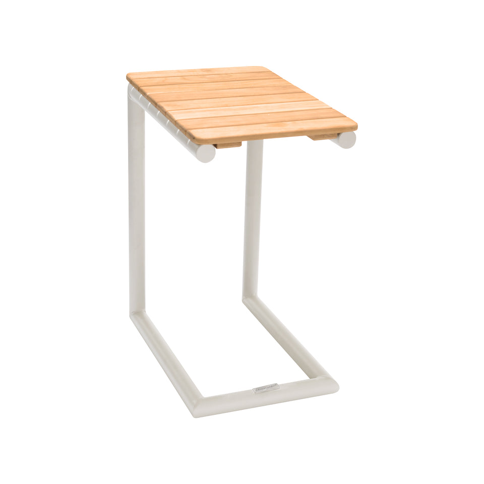 Portals Outdoor C-Shape Side Table in Light Sand Matte Finish and Natural Teak Wood Top