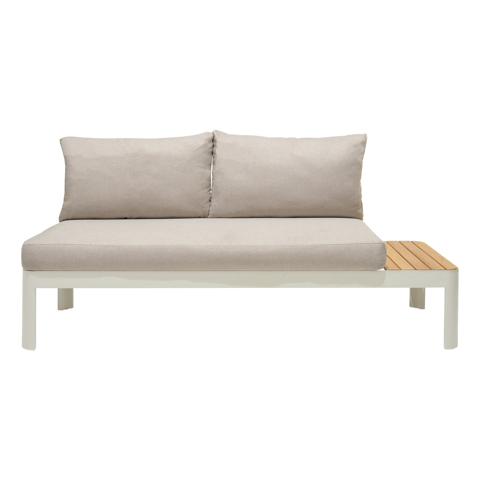 Portals Outdoor Sofa in Light Matte Sand Finish with Natural Teak Wood and Beige Cushions