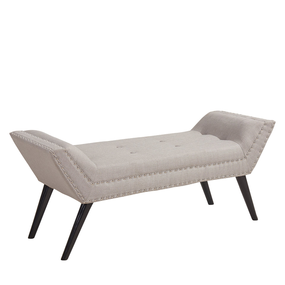Porter Ottoman Bench in Taupe Fabric with Nailhead Trim and Espresso Wood Legs