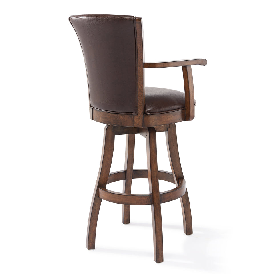 Raleigh Arm 30" Bar Height Swivel Wood Barstool in Chestnut Finish and Kahlua Faux Leather