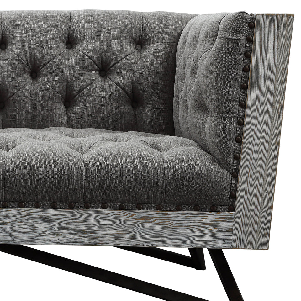 Regis Contemporary Loveseat in Gray Fabric with Black Metal Finish Legs and Antique Brown Nailhead Accents