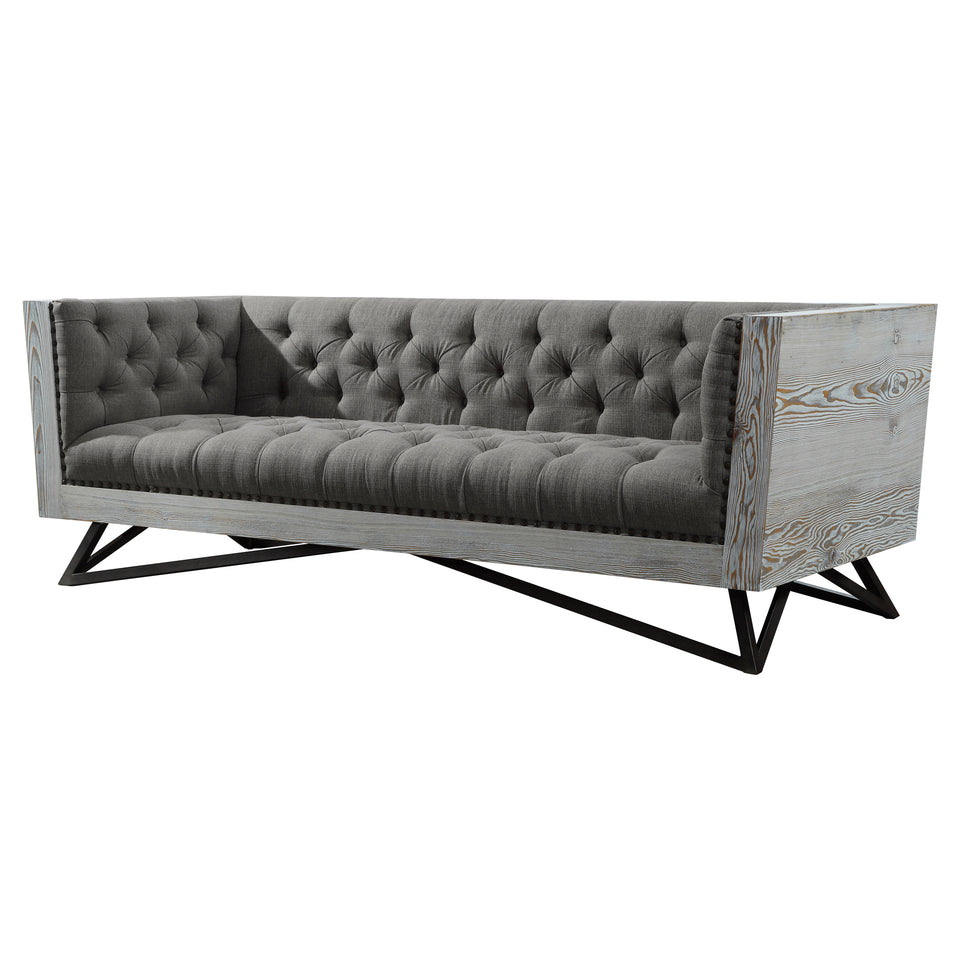 Regis Contemporary Sofa in Gray Fabric with Black Metal Finish Legs and Antique Brown Nailhead Accents