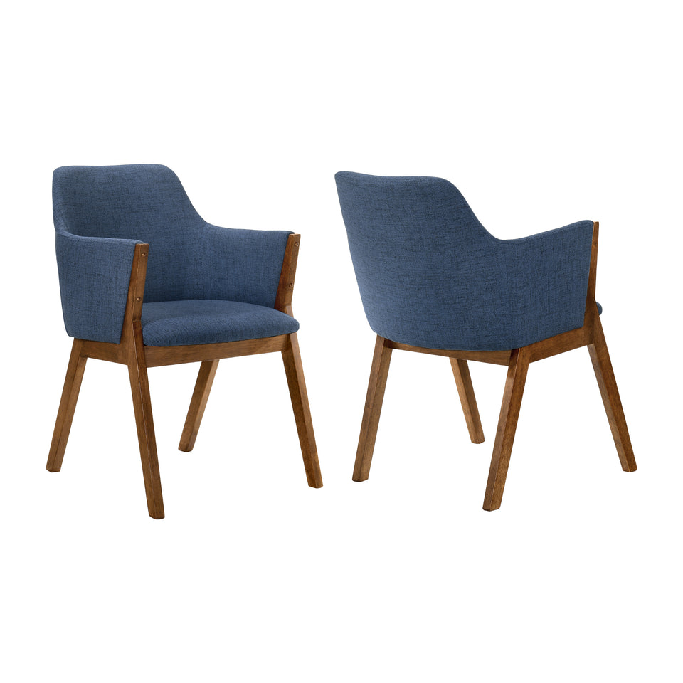 Renzo Blue Fabric and Walnut Wood Dining Side Chairs - Set of 2
