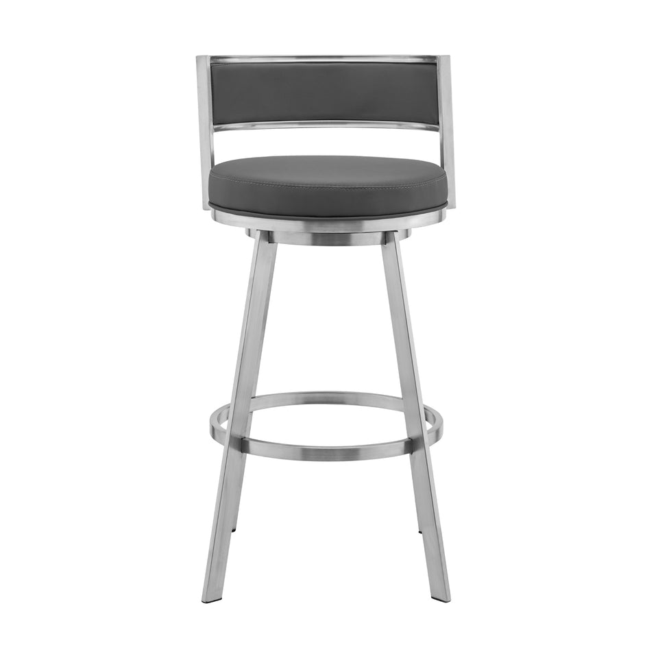 Roman 30" Gray Faux Leather and Brushed Stainless Steel Swivel Bar Stool