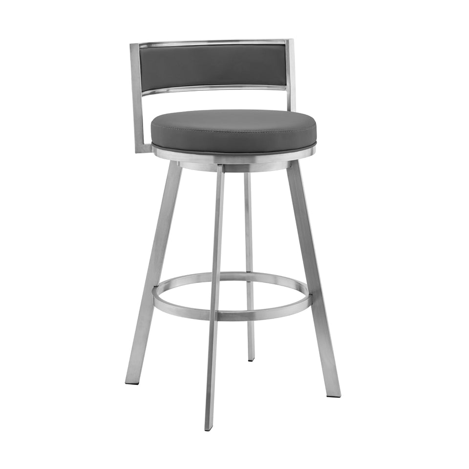 Roman 30" Gray Faux Leather and Brushed Stainless Steel Swivel Bar Stool