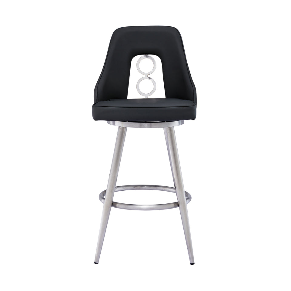 Ruby Contemporary 26" Counter Height Barstool in Brushed Stainless Steel Finish and Black Faux Leather