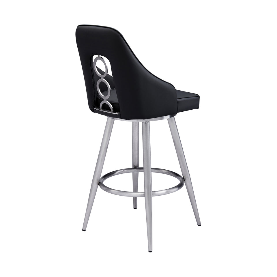 Ruby Contemporary 26" Counter Height Barstool in Brushed Stainless Steel Finish and Black Faux Leather