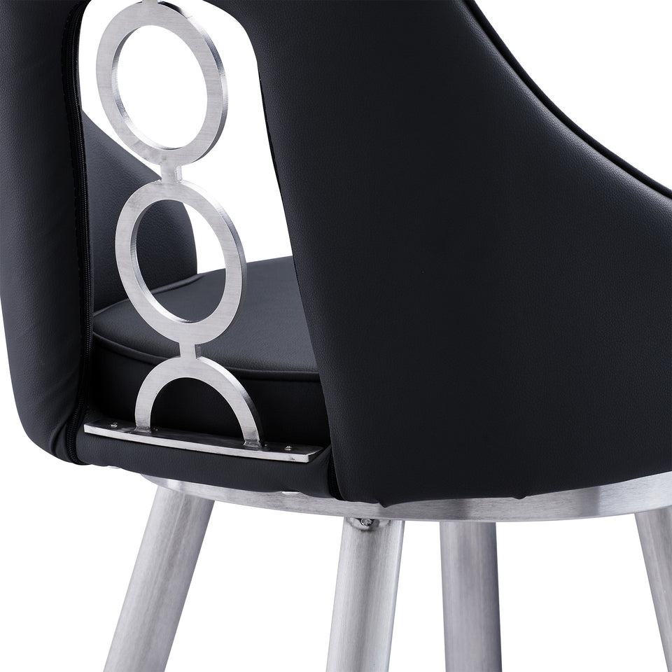 Ruby Contemporary 26" Counter Height Barstool in Brushed Stainless Steel Finish and Black Faux Leather