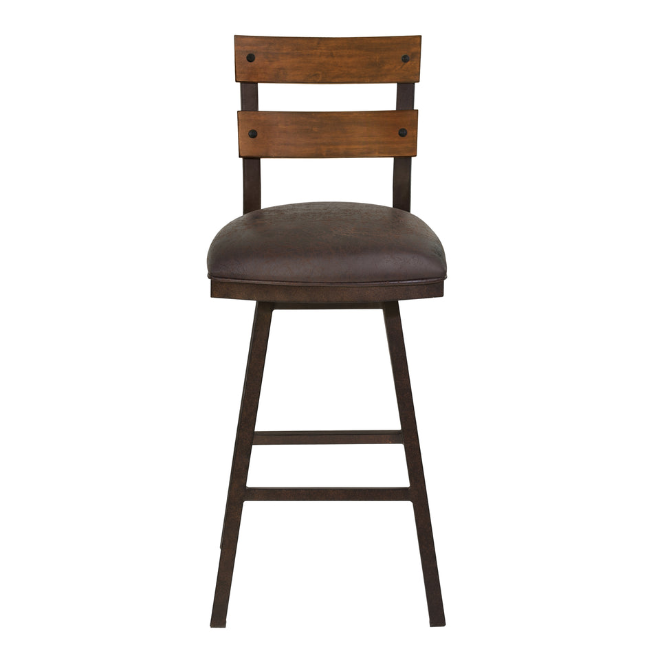 Saugus 30" Bar Height Metal Swivel Barstool in Bandero Espresso Fabric and Auburn Bay Finish with Walnut Wood Back
