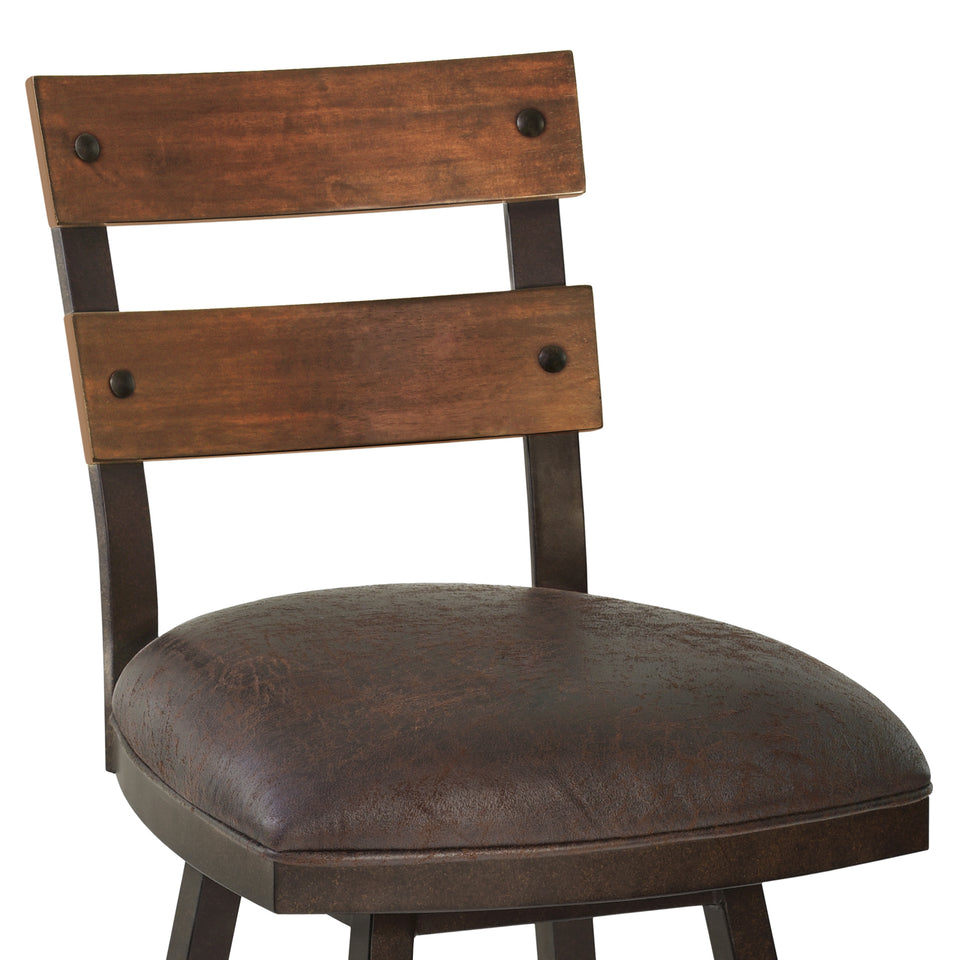 Saugus 30" Bar Height Metal Swivel Barstool in Bandero Espresso Fabric and Auburn Bay Finish with Walnut Wood Back