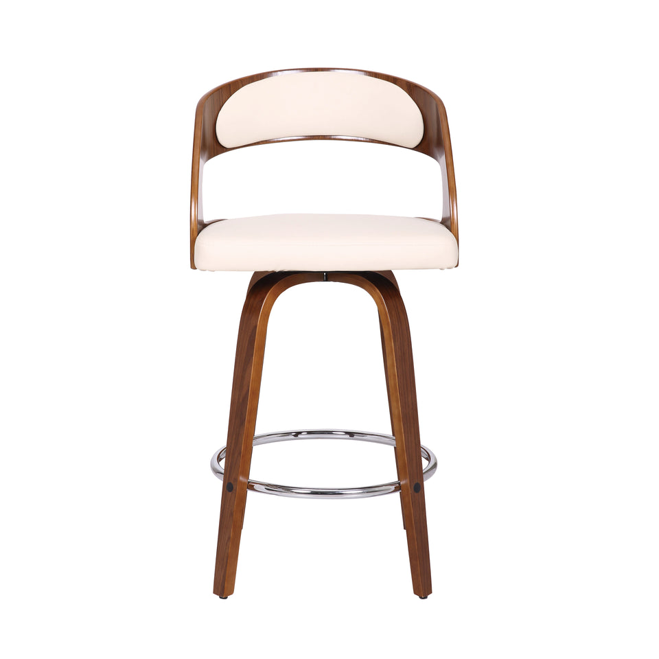 Shelly Contemporary 26" Counter Height Swivel Barstool in Walnut Wood Finish and Cream Faux Leather