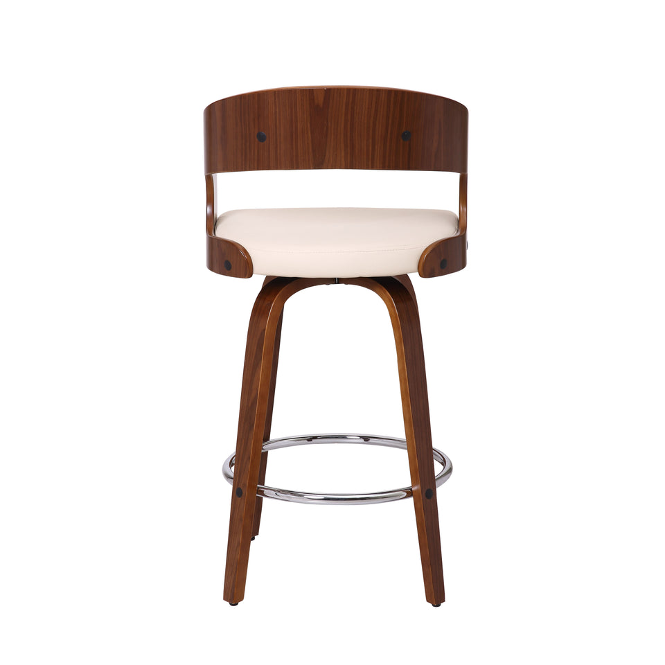 Shelly Contemporary 26" Counter Height Swivel Barstool in Walnut Wood Finish and Cream Faux Leather