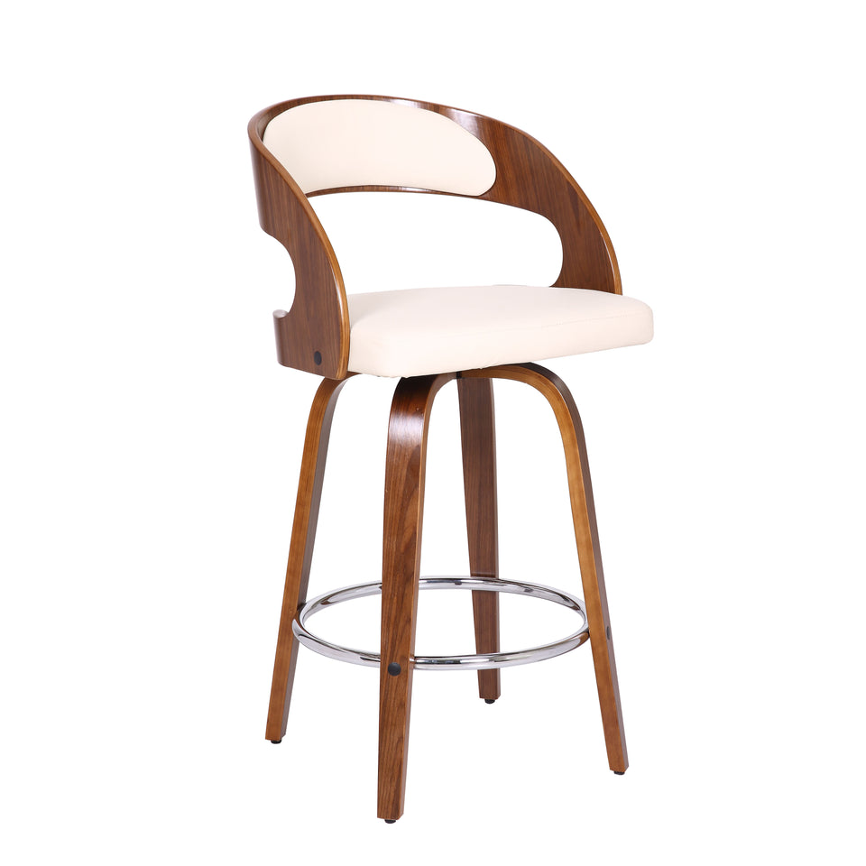 Shelly Contemporary 26" Counter Height Swivel Barstool in Walnut Wood Finish and Cream Faux Leather