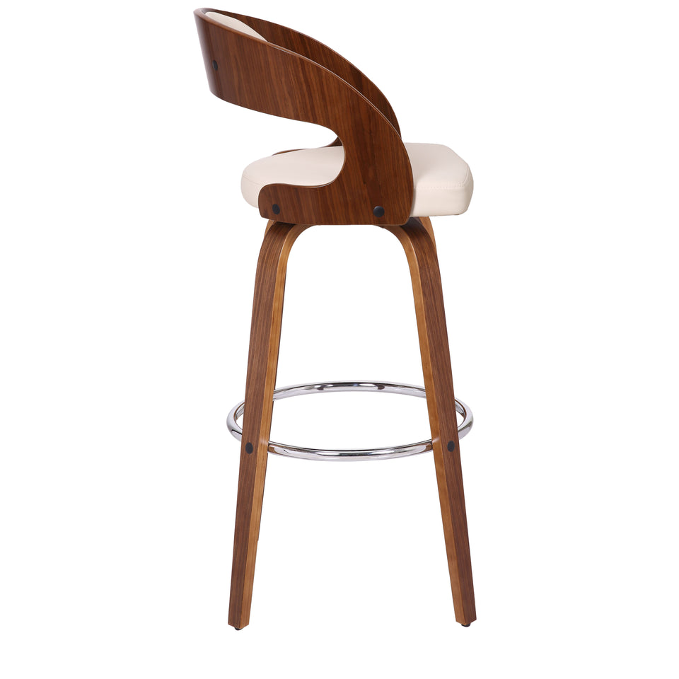Shelly Contemporary 30" Bar Height Swivel Barstool in Walnut Wood Finish and Cream Faux Leather
