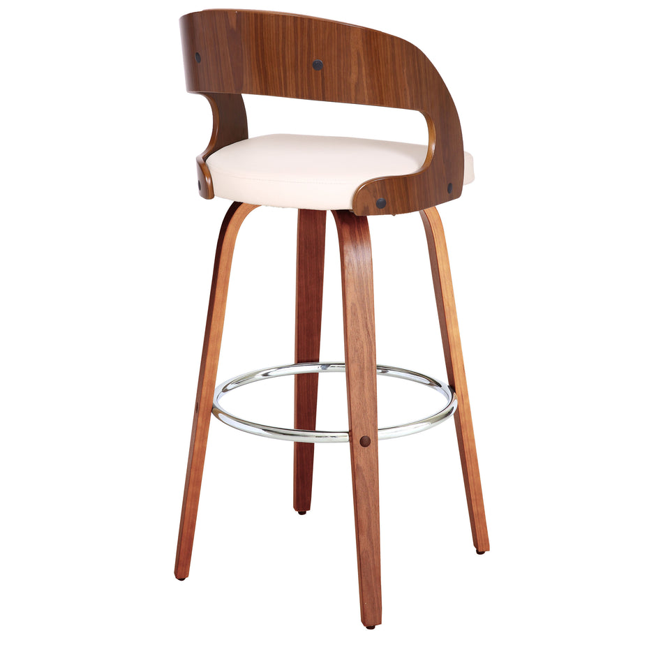 Shelly Contemporary 30" Bar Height Swivel Barstool in Walnut Wood Finish and Cream Faux Leather