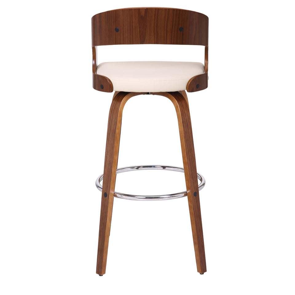 Shelly Contemporary 30" Bar Height Swivel Barstool in Walnut Wood Finish and Cream Faux Leather