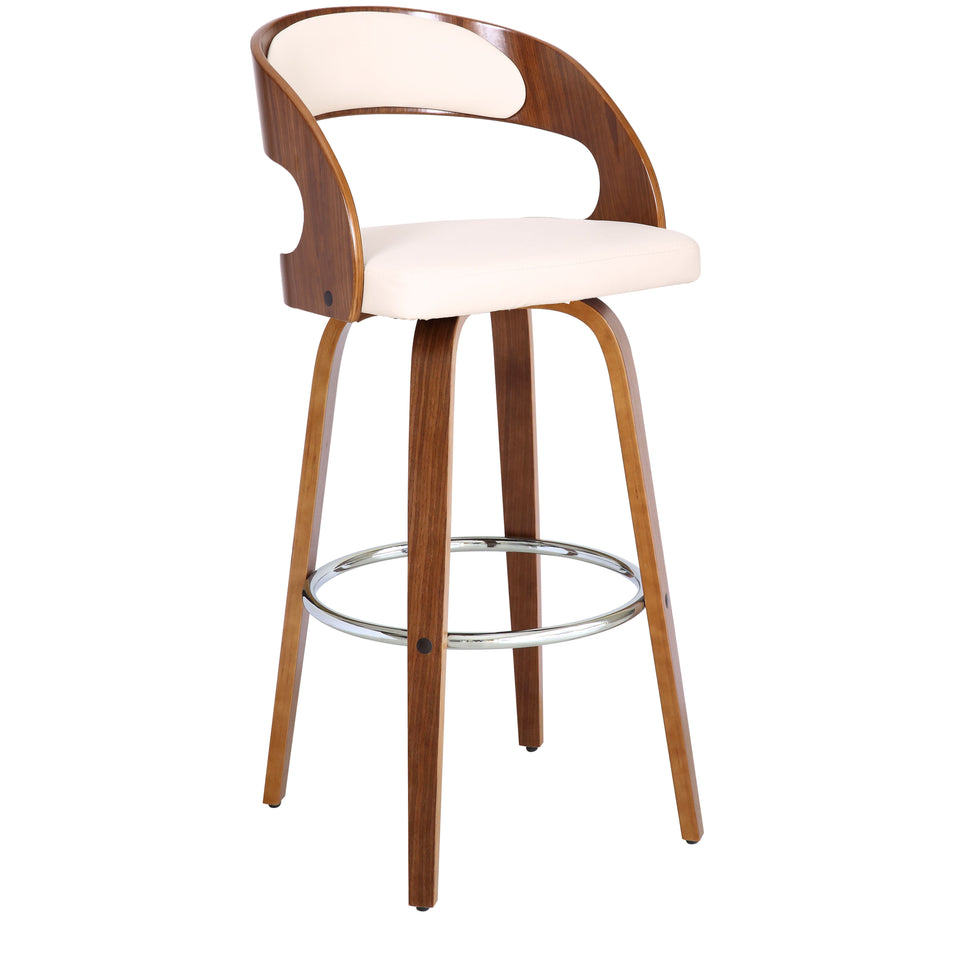 Shelly Contemporary 30" Bar Height Swivel Barstool in Walnut Wood Finish and Cream Faux Leather