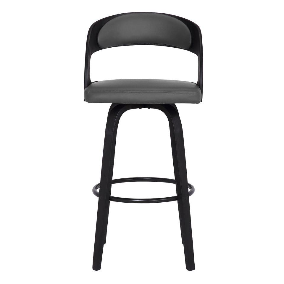 Shelly Contemporary 26" Counter Height Swivel Barstool in Black Brush Wood Finish and Gray Faux Leather