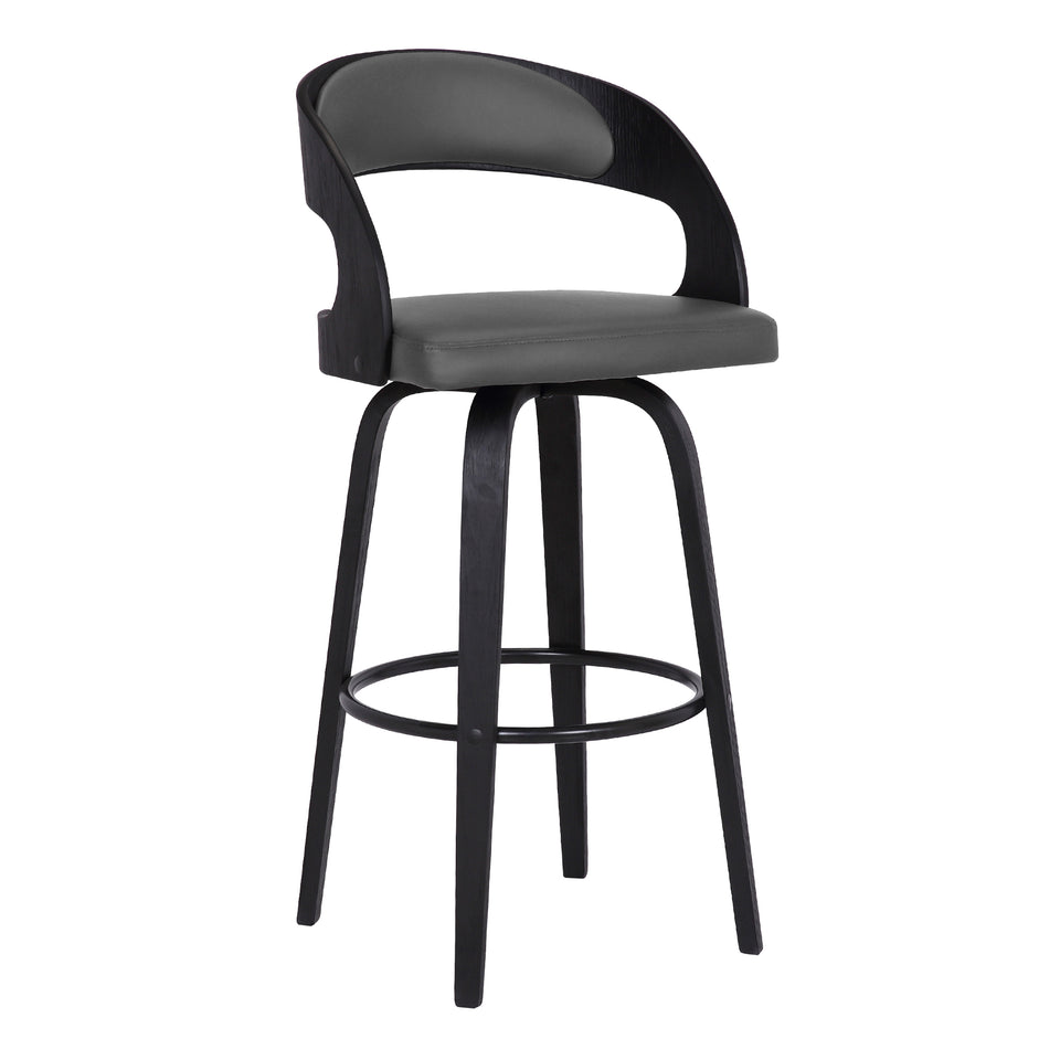Shelly Contemporary 26" Counter Height Swivel Barstool in Black Brush Wood Finish and Gray Faux Leather
