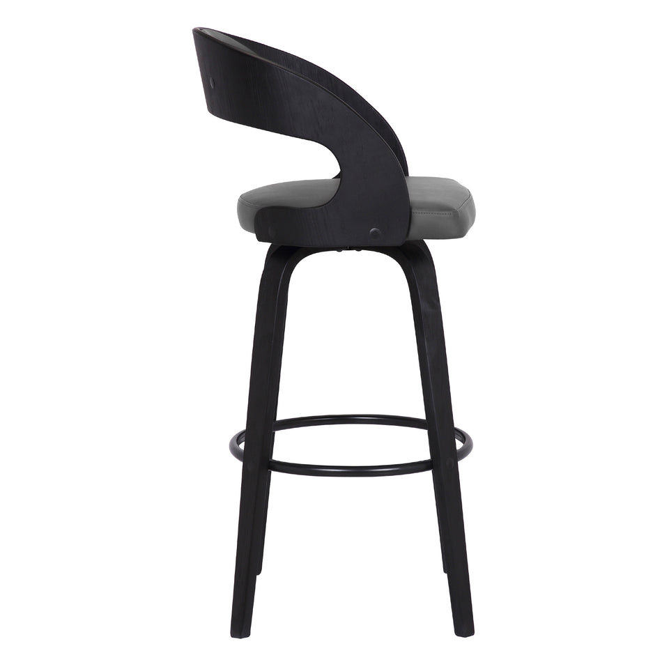 Shelly Contemporary 30" Bar Height Swivel Barstool in Black Brush Wood Finish and Gray Faux Leather