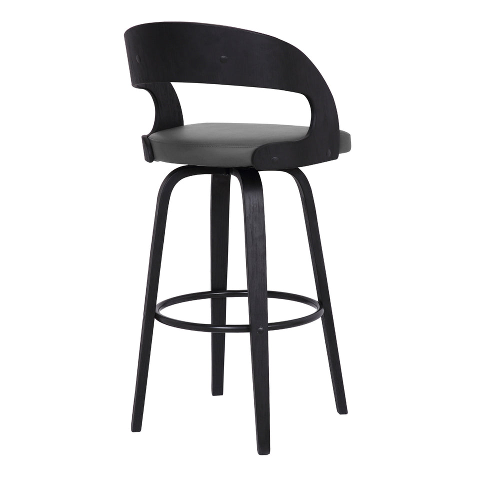 Shelly Contemporary 30" Bar Height Swivel Barstool in Black Brush Wood Finish and Gray Faux Leather