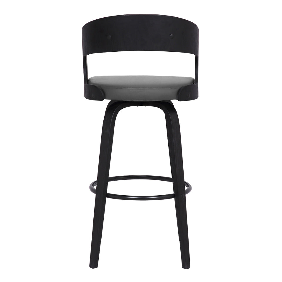 Shelly Contemporary 30" Bar Height Swivel Barstool in Black Brush Wood Finish and Gray Faux Leather