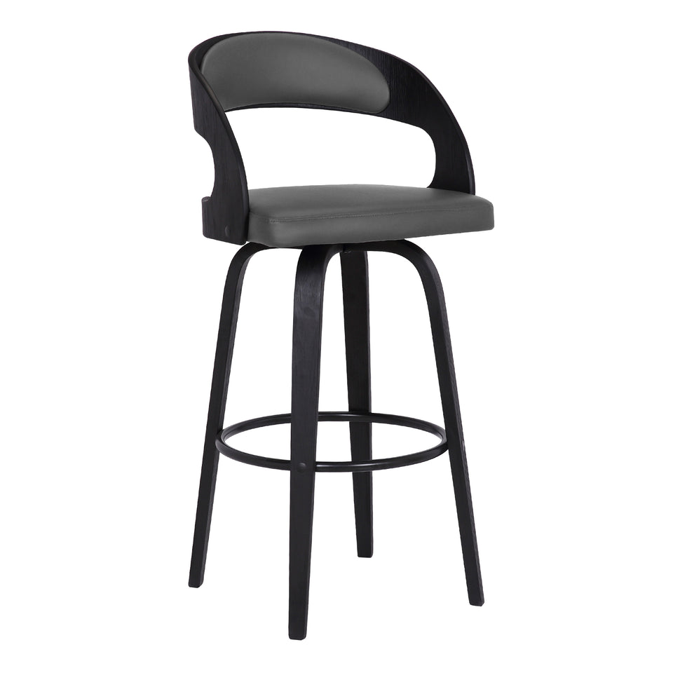 Shelly Contemporary 30" Bar Height Swivel Barstool in Black Brush Wood Finish and Gray Faux Leather