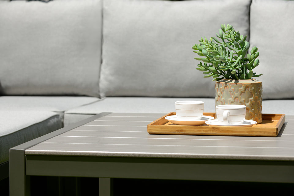 Solana Outdoor Square Coffee Table in Cosmos Grey Finish with Wood Top