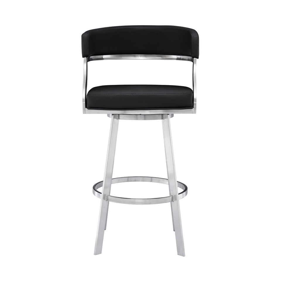 Saturn Contemporary 30" Bar Height Barstool in Brushed Stainless Steel Finish and Black Faux Leather