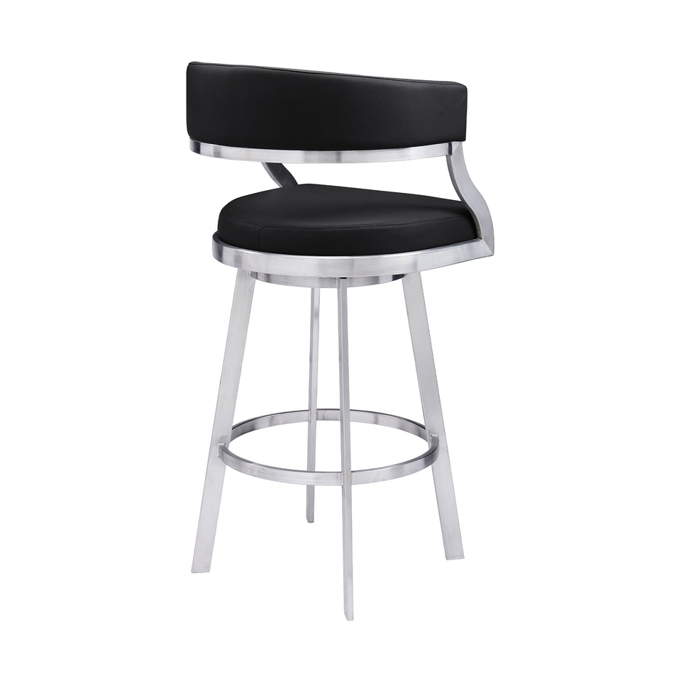 Saturn Contemporary 30" Bar Height Barstool in Brushed Stainless Steel Finish and Black Faux Leather