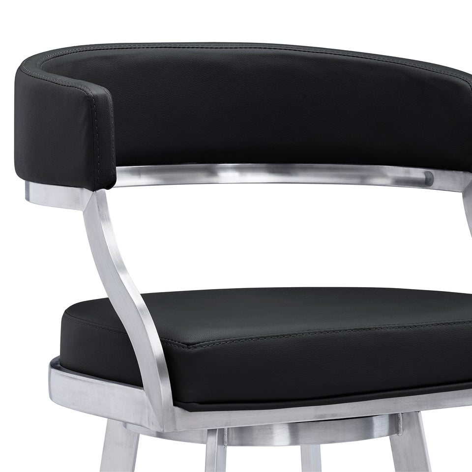 Saturn Contemporary 30" Bar Height Barstool in Brushed Stainless Steel Finish and Black Faux Leather