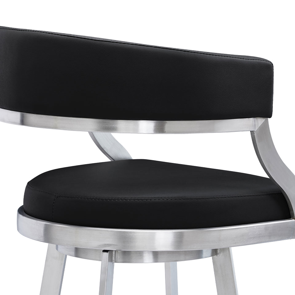 Saturn Contemporary 30" Bar Height Barstool in Brushed Stainless Steel Finish and Black Faux Leather