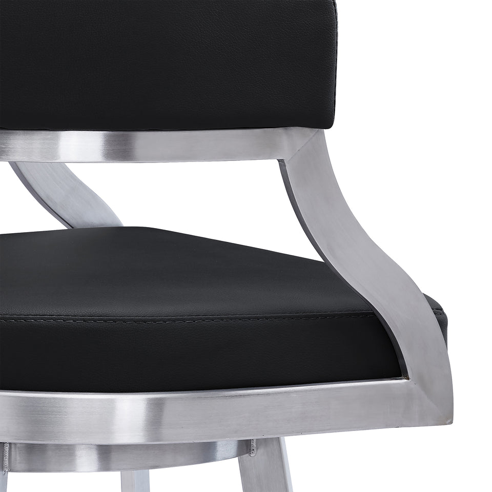 Saturn Contemporary 30" Bar Height Barstool in Brushed Stainless Steel Finish and Black Faux Leather