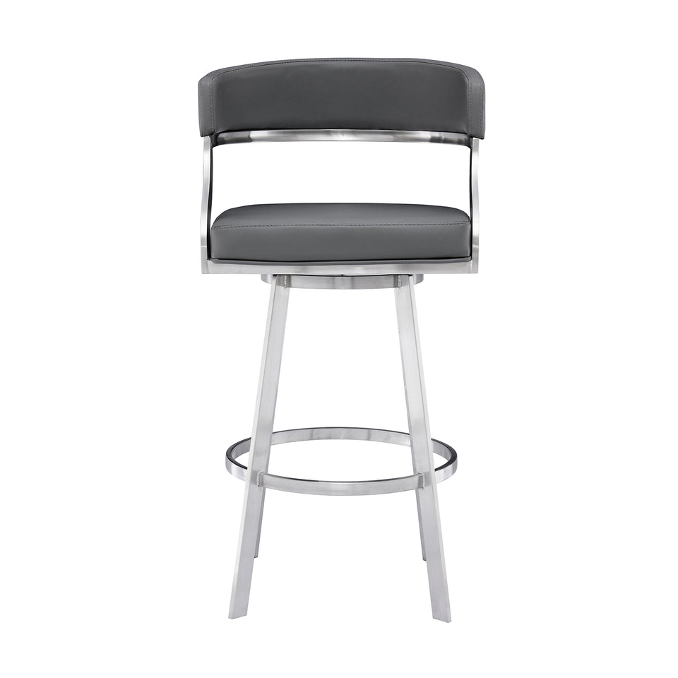 Saturn Contemporary 26" Counter Height Barstool in Brushed Stainless Steel Finish and Gray Faux Leather