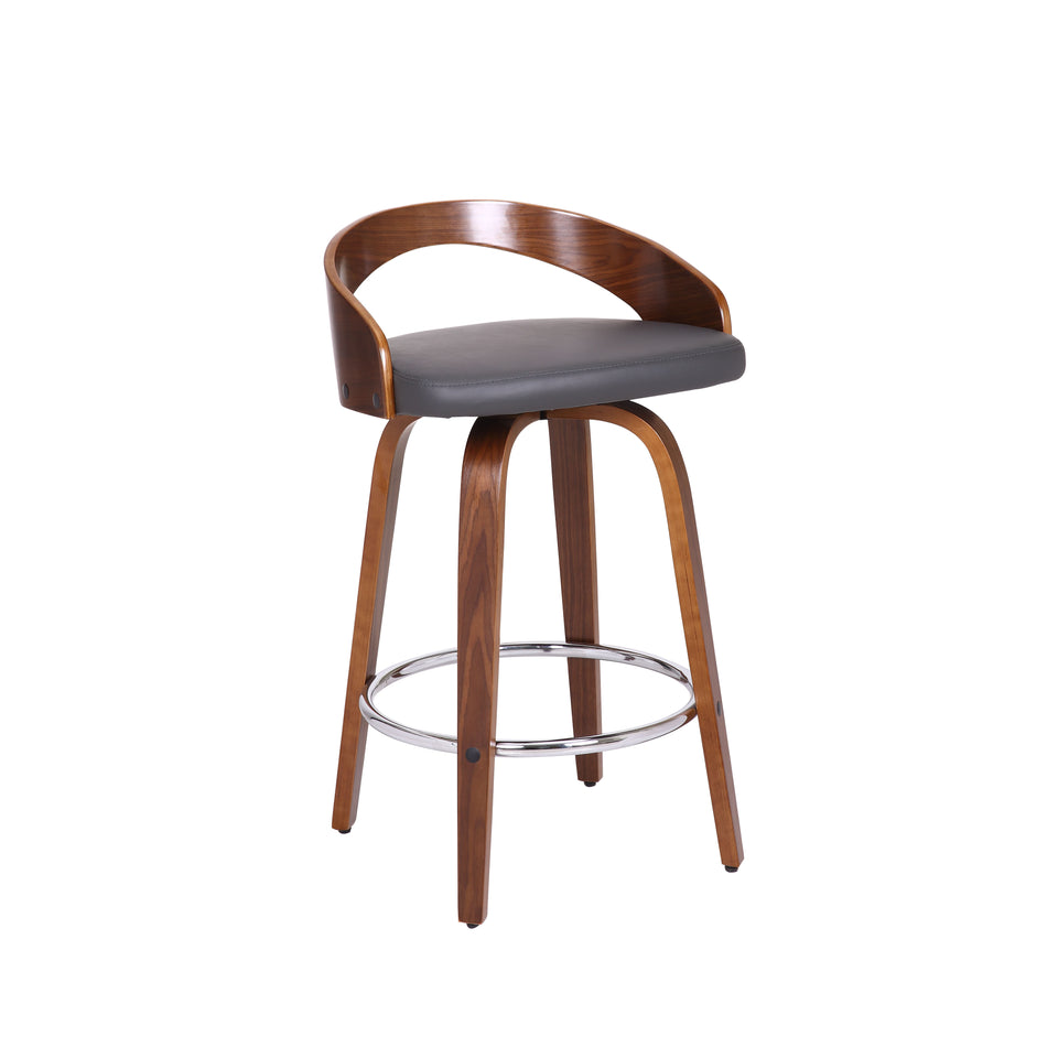 Sonia 26" Counter Height Barstool in Walnut Wood Finish with Gray Faux Leather