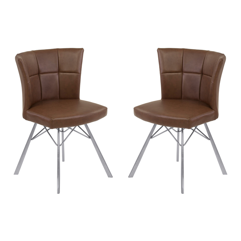 Spago Contemporary Dining Chair in Vintage Coffee Faux Leather with Brushed Stainless Steel Finish - Set of 2