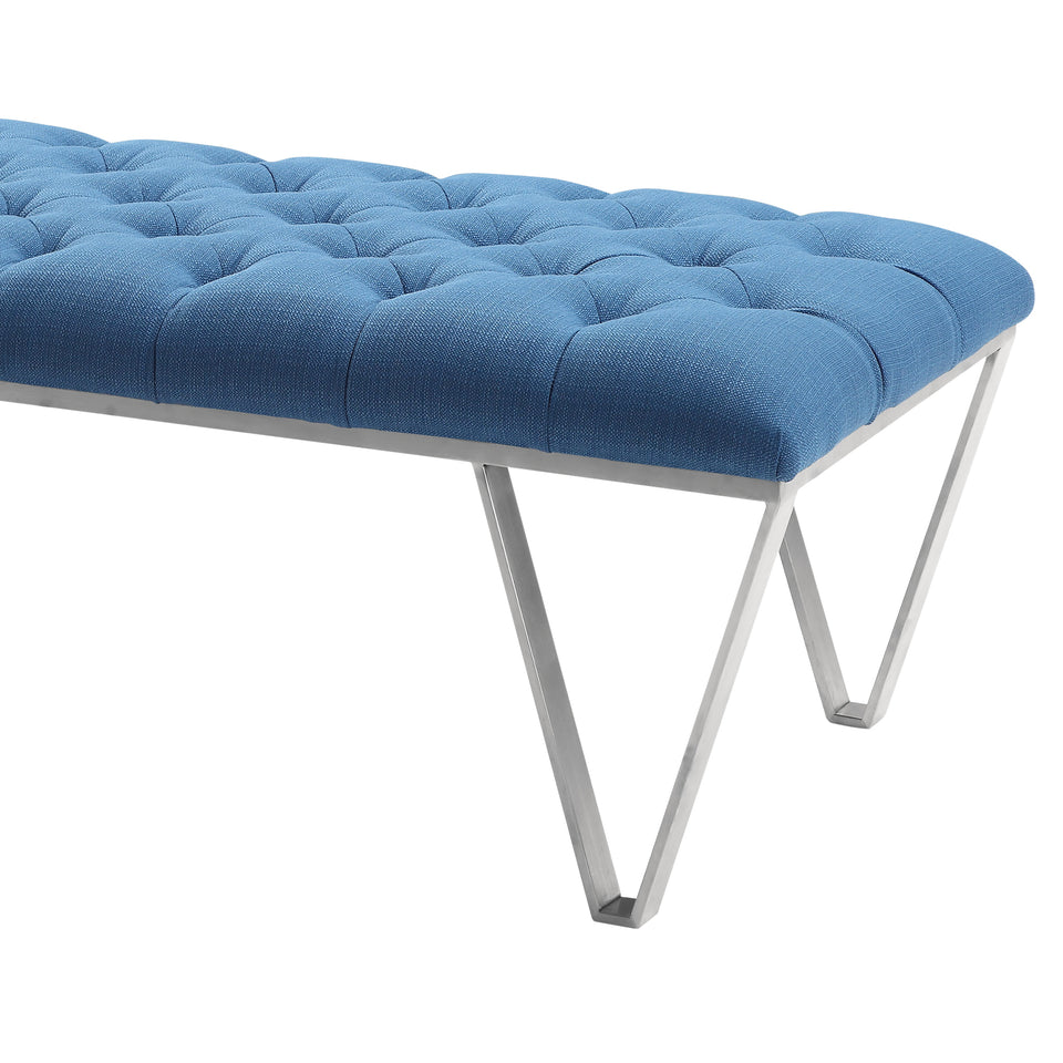 Serene Contemporary Tufted Bench in Brushed Stainless Steel with Blue Fabric