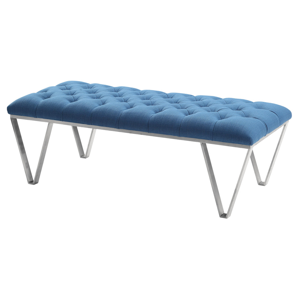 Serene Contemporary Tufted Bench in Brushed Stainless Steel with Blue Fabric
