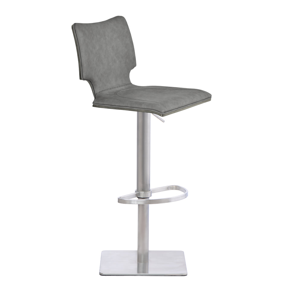 Sydney Adjustable Barstool in Brushed Stainless Steel with Vintage Gray Faux Leather and Gray Walnut Wood Back