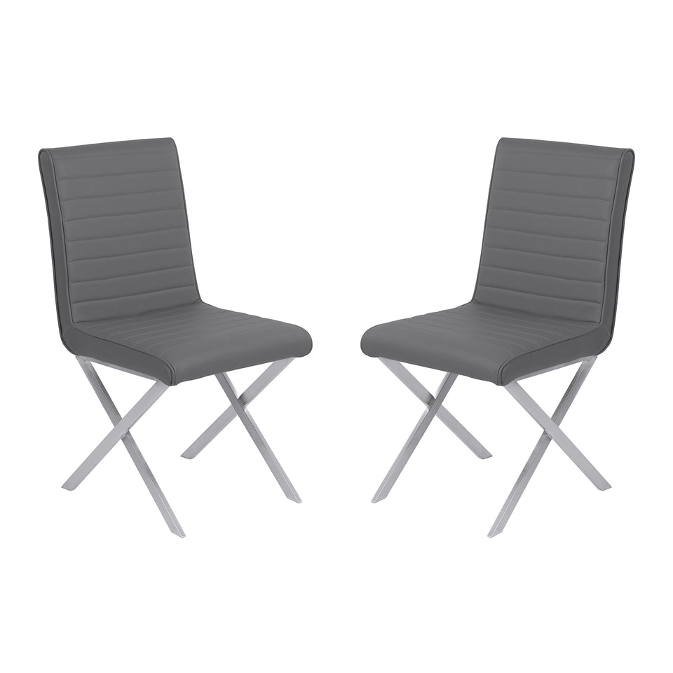 Tempe Contemporary Dining Chair in Gray Faux Leather with Brushed Stainless Steel Finish - Set of 2