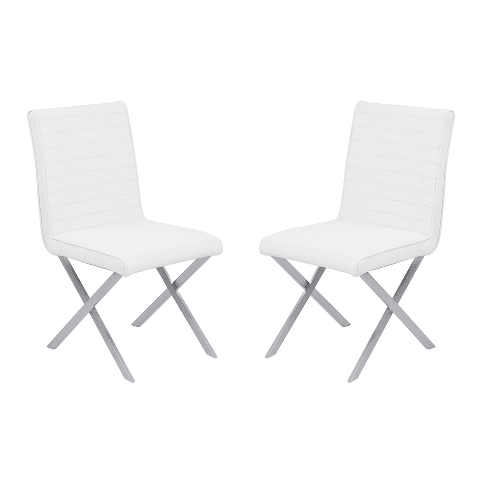 Tempe Contemporary Dining Chair in White Faux Leather with Brushed Stainless Steel Finish - Set of 2