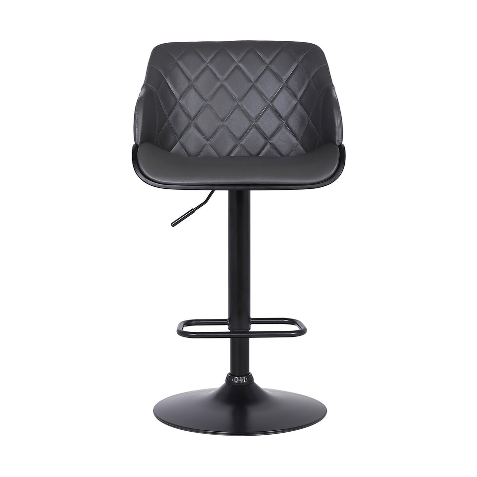 Toby Contemporary Adjustable Barstool in Black Powder Coated Finish with Gray Faux Leather and Black Brushed Wood Finish