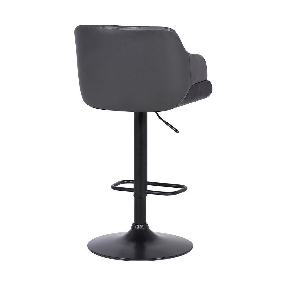 Toby Contemporary Adjustable Barstool in Black Powder Coated Finish with Gray Faux Leather and Black Brushed Wood Finish