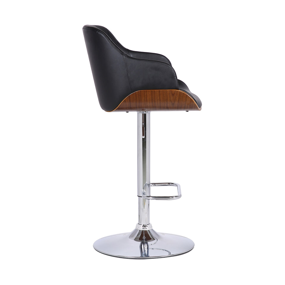 Toby Contemporary Adjustable Barstool in Chrome Finish with Black Faux Leather and Walnut Finish