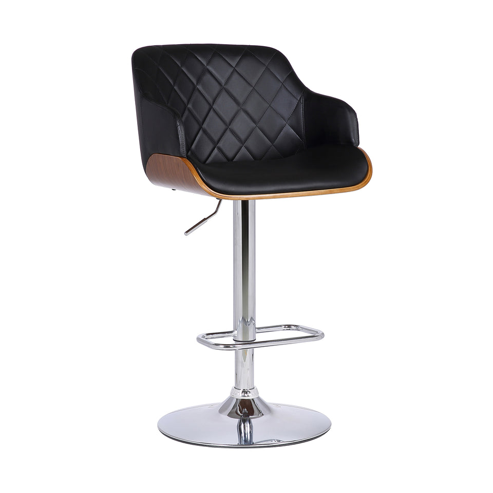 Toby Contemporary Adjustable Barstool in Chrome Finish with Black Faux Leather and Walnut Finish