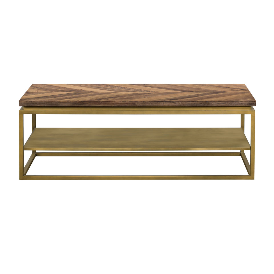 Faye Rustic Brown Wood Coffee Table with Shelf and Antique Brass Metal Base